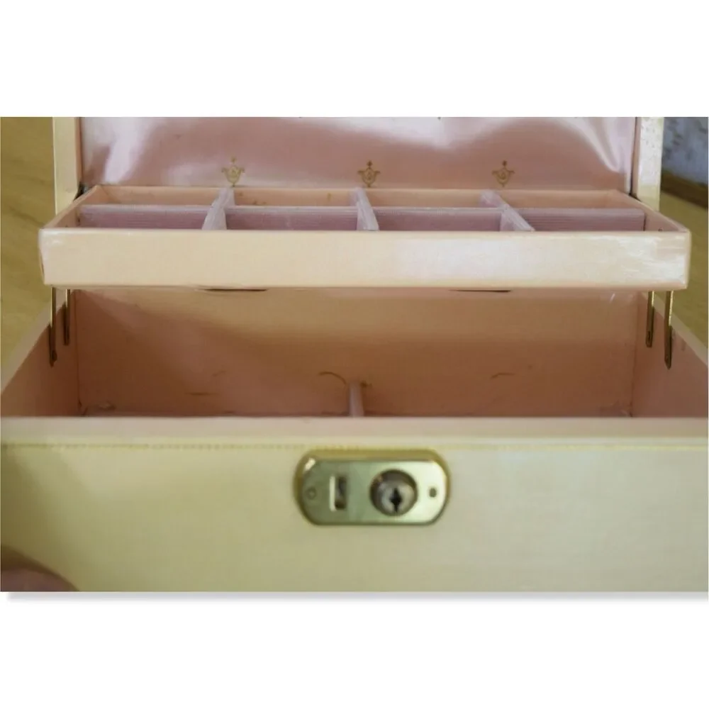Vintage Jewelry Box Organizer Beige MCM Pink Satin Lined 2 Tier Cottage Glam